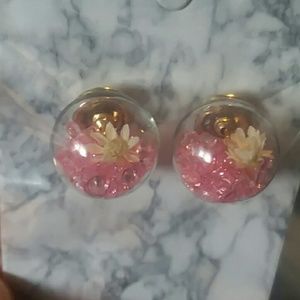 Glass ball earrings w/rhinestone crystals & flower